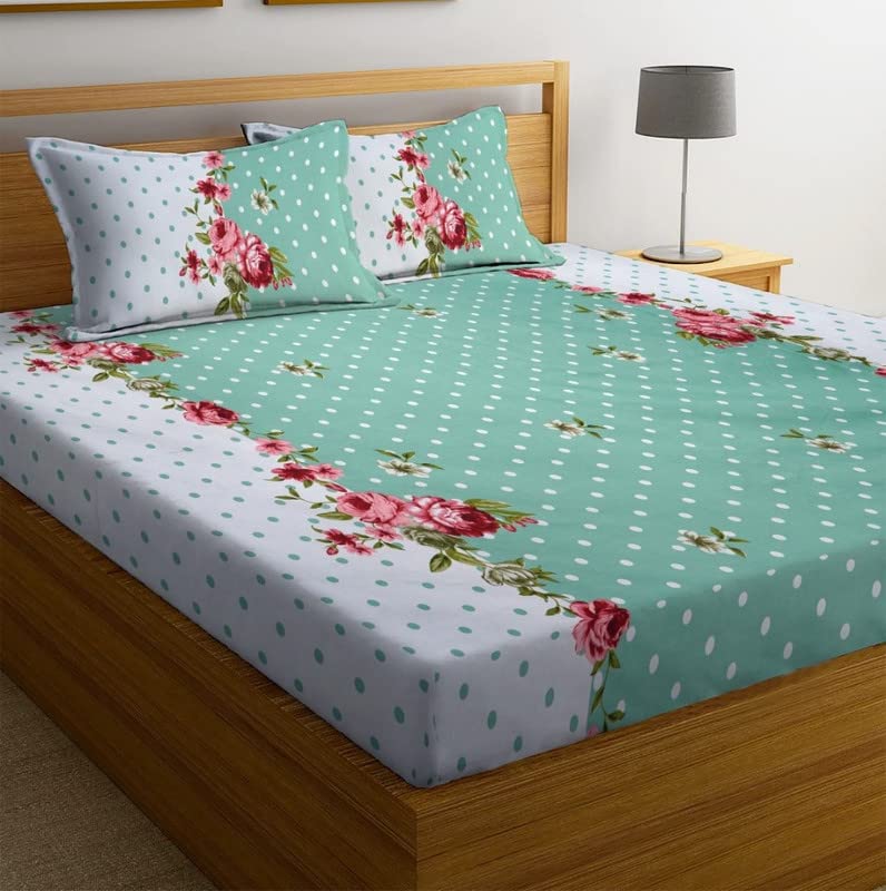Super Soft Glace Cotton All Round Elastic Fitted Double Bed Bedsheet with 2 Pillow Covers-72x78x8