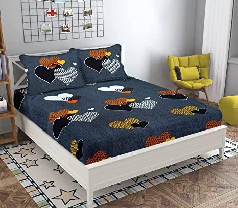 Super Soft Glace Cotton All Round Elastic Fitted Double Bed Bedsheet with 2 Pillow Covers-72x78x8