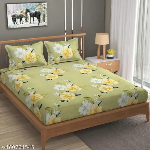 Super Soft Glace Cotton All Round Elastic Fitted Double Bed Bedsheet with 2 Pillow Covers-72x78x8