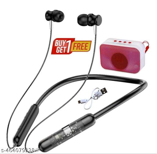 Wireless Bluetooth Neckband With Mini Wireless Bluetooth Speaker (Black & Red, Set of 2)